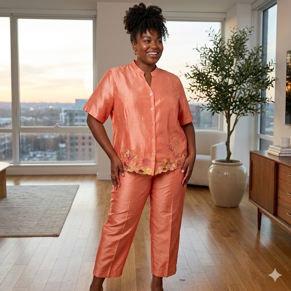Mlle Gabrielle Size 24W Coral Satin Two-Piece Set with Floral Embroidery - Picture 1 of 9